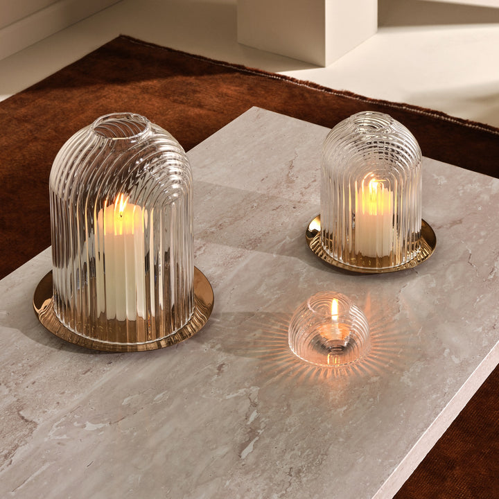 NUDE glass Ilo candle holder collection, rippled leadfree glass cones on copper bases