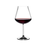NUDE Salute lead-free crystal Burgundy wine glass with red wine on a white background