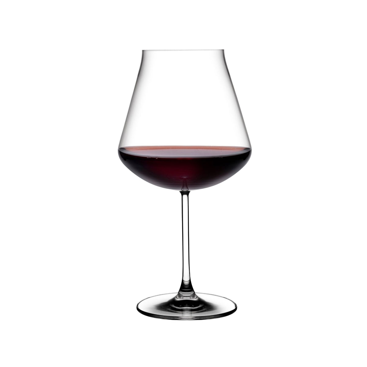 NUDE Salute lead-free crystal Burgundy wine glass with red wine on a white background
