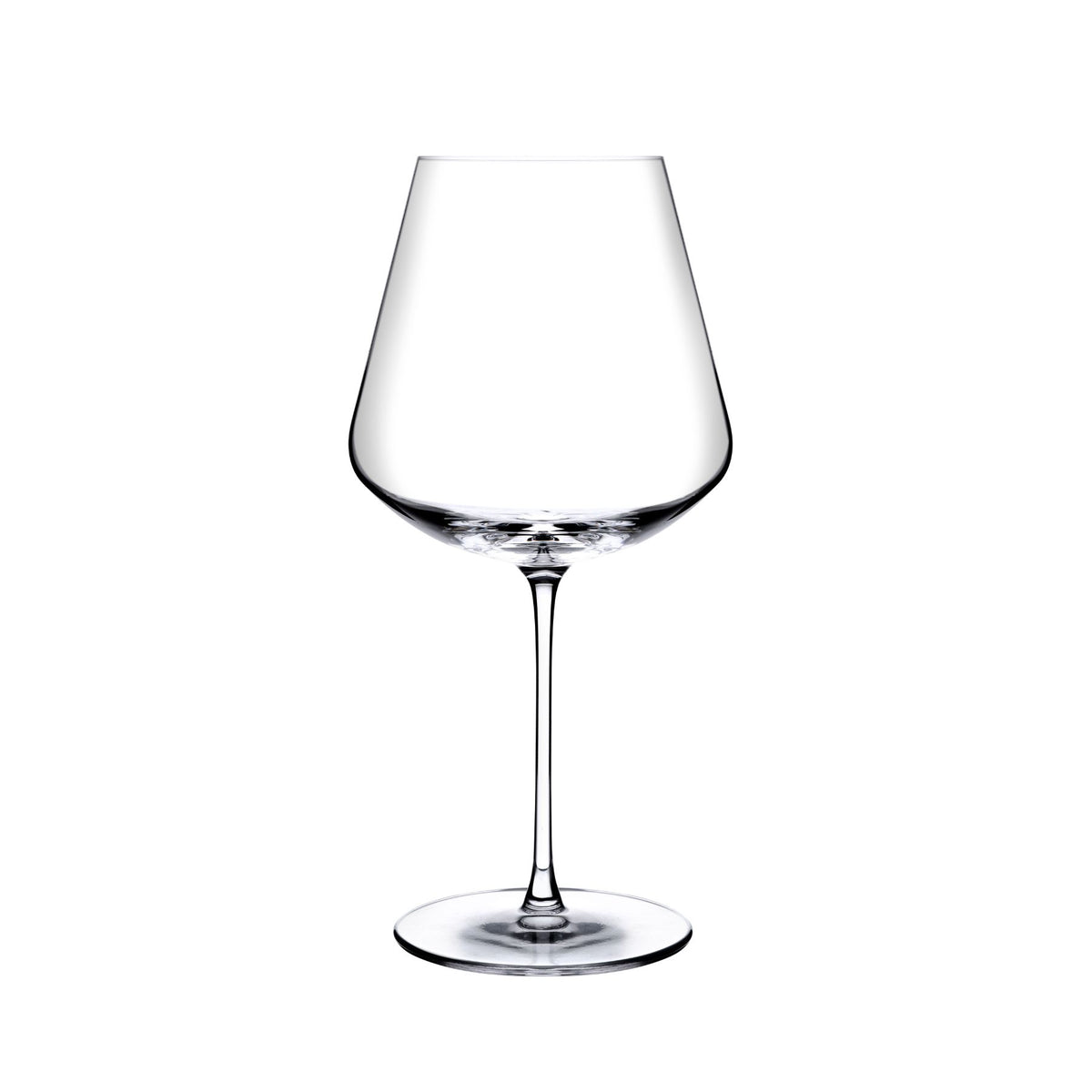 A clear NUDE Sera Red wine glass with a wide, gently flared bowl, a long slender stem, and a flat circular base, photographed on a plain white background.