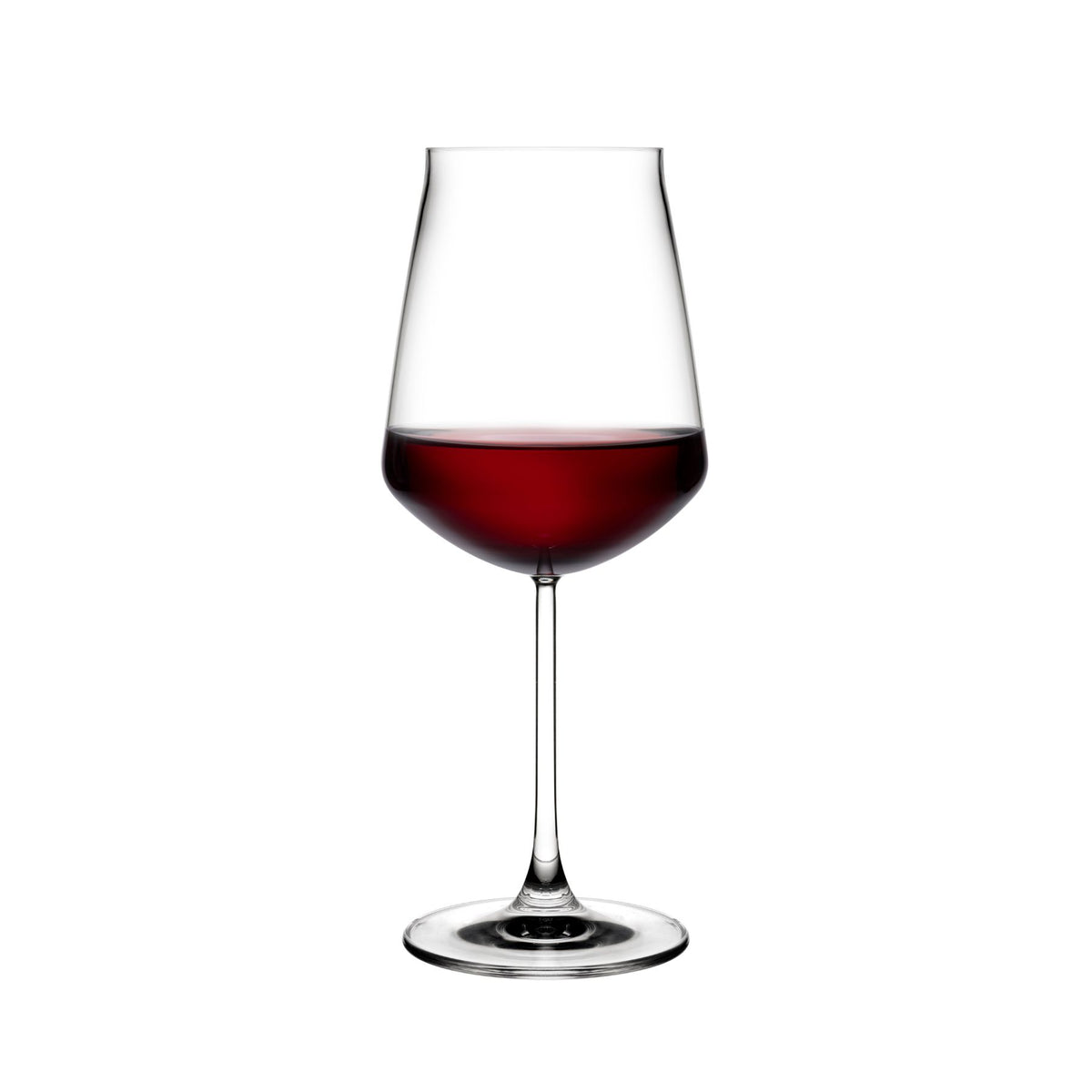 NUDE Salute red wine glass filled with red wine, timeless lead-free crystal design on a white background