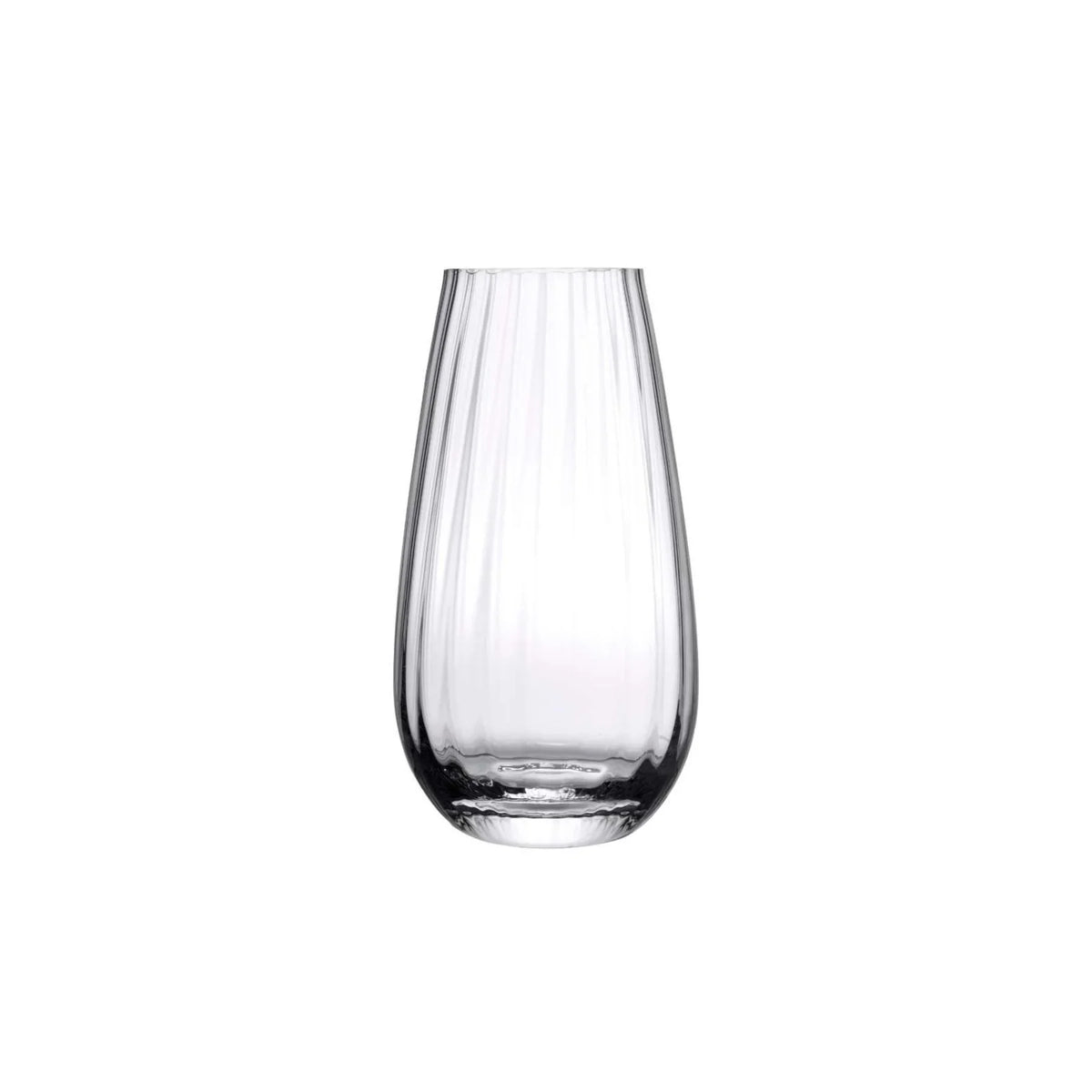 A clear highball glass with a rounded shape at the top and a tapered stem, on a white background.