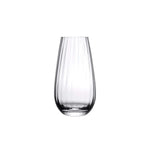 A clear highball glass with a rounded shape at the top and a tapered stem, on a white background.