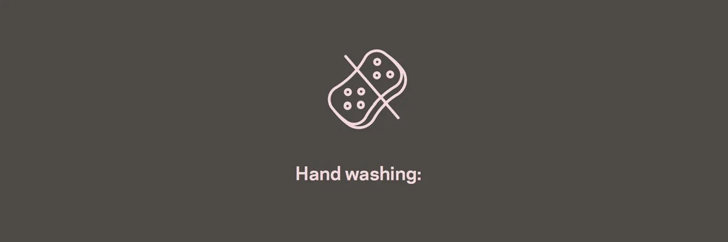 Icon of a hand with soap bubbles and the text 'Hand washing:' on a dark background