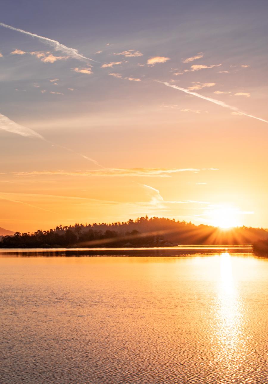 Sunset over a lake with a silhouette of trees on the horizon