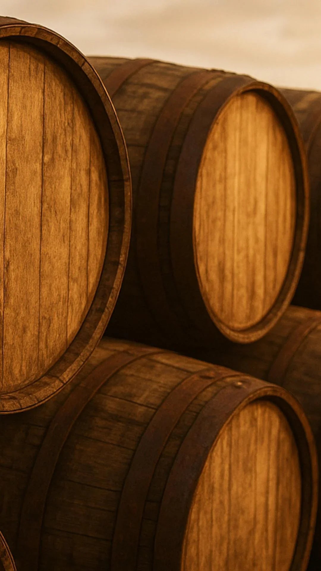 Close-up of wooden barrels with a warm color tone