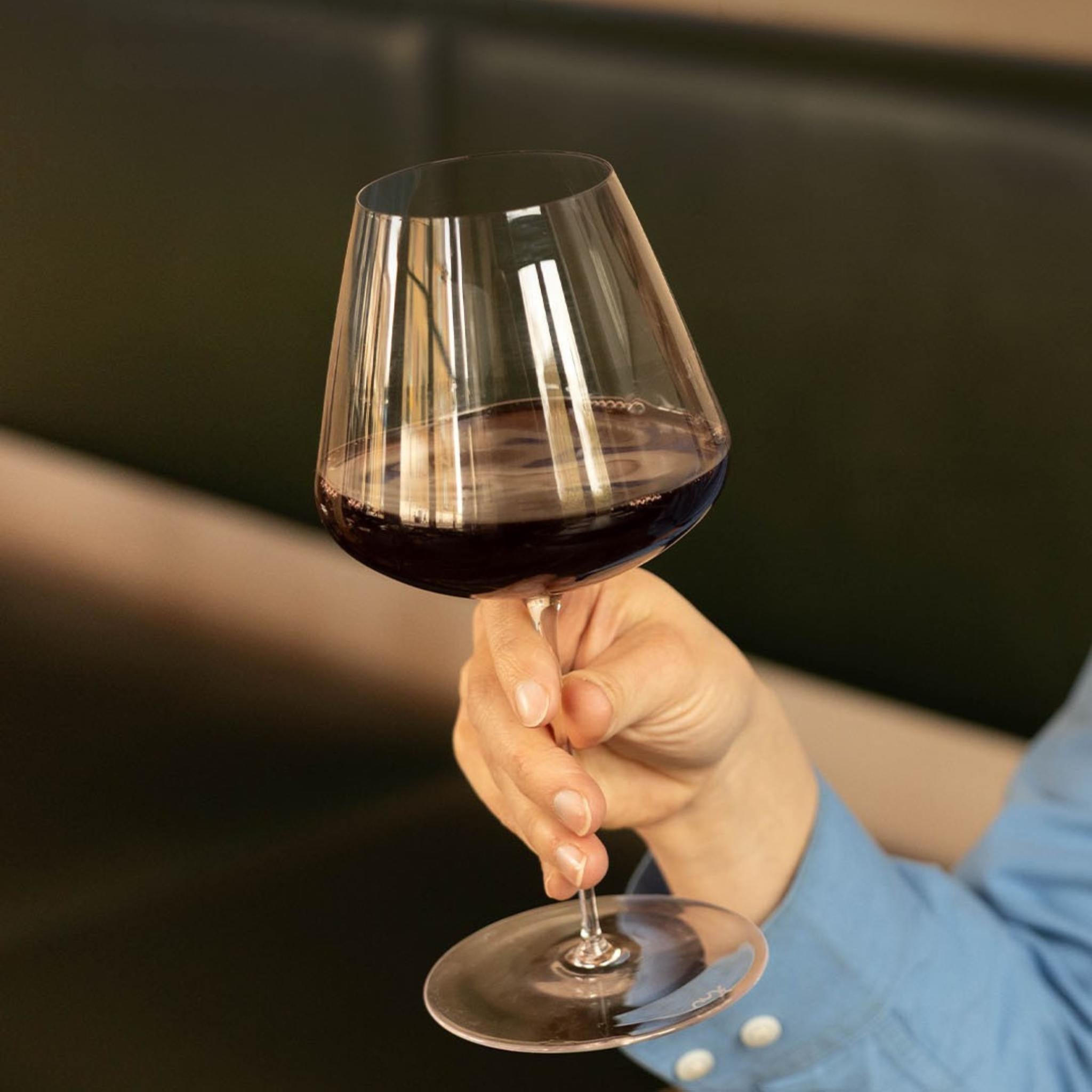 Hand holding a NUDE Stem Zero Vertigo Elegant Red Wine Glass Medium of red wine