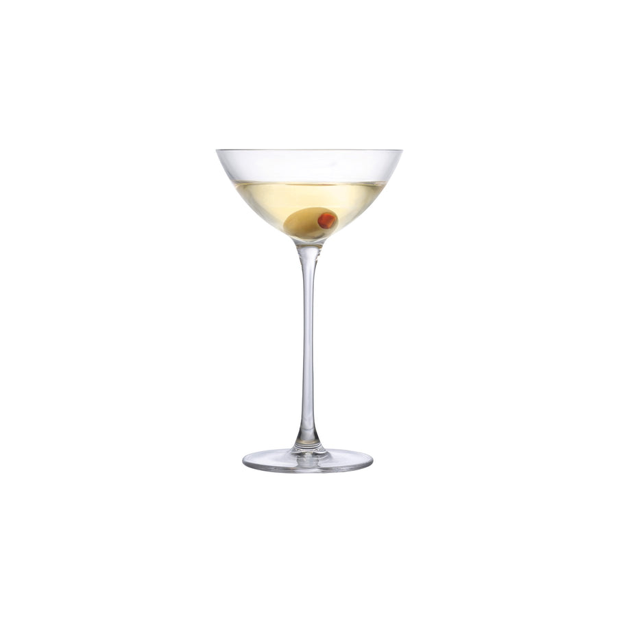 NUDE Savage coupetini glass designed by Remy Savage in a clear shot with a martini and olive in it