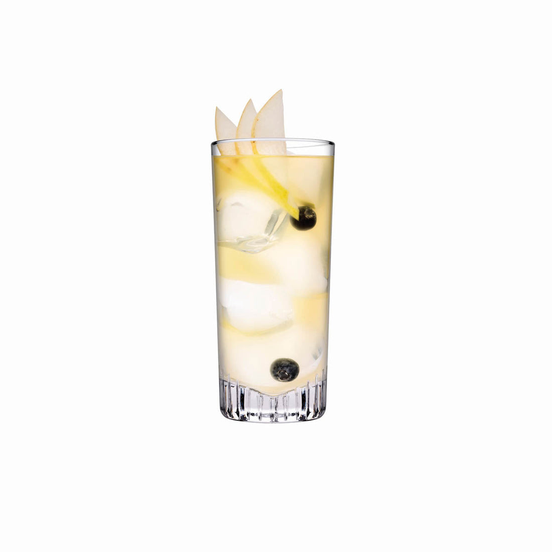 NUDE Caldera highball glass, with a v-shaped heavy bottom, presented with a soft yellow cocktail mix on a white background