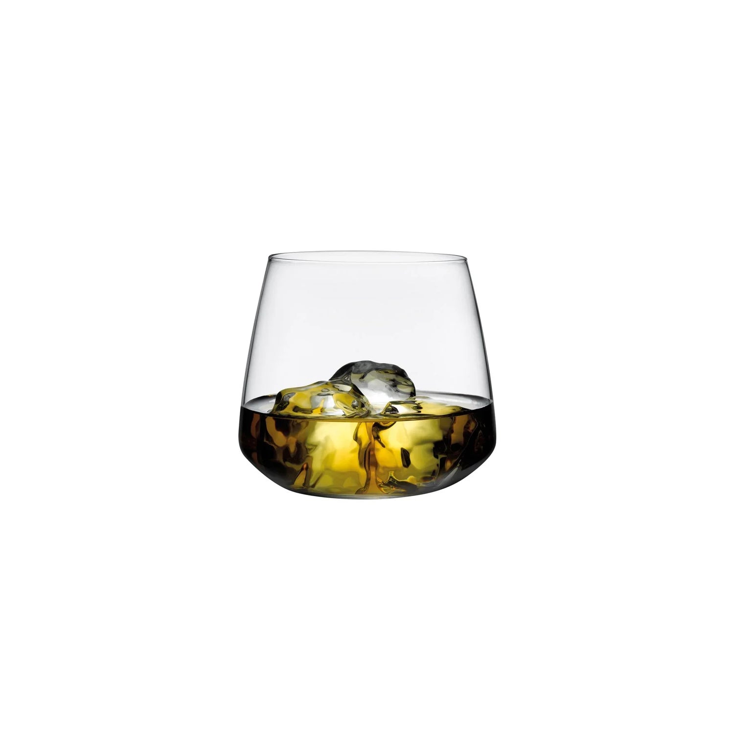 Clear glass with amber liquid and ice cubes on a white background
